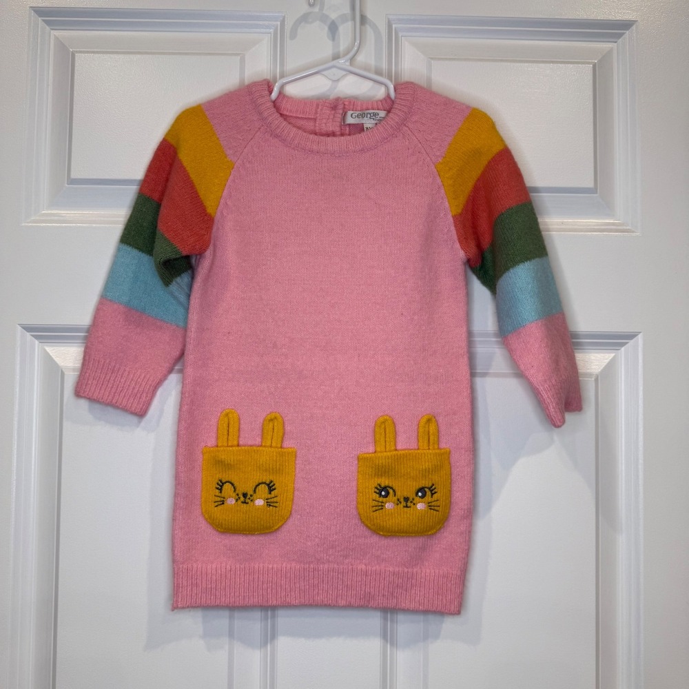 George Baby Girls Stripe Bunny Pocket Knit‎ Sweater Dress Size 18-24 Months